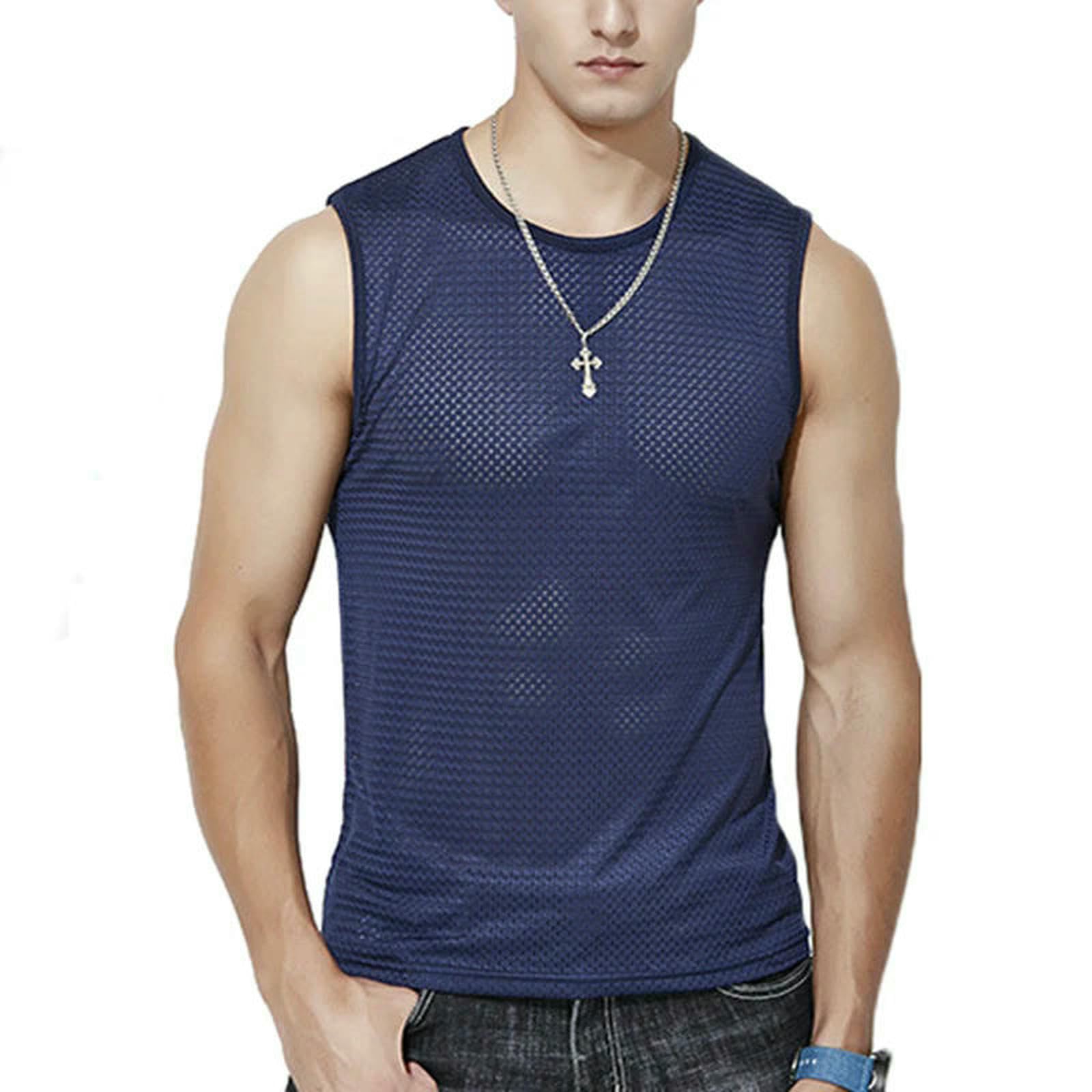 Kamizelka Fitness T-shirty Walizki Jedwab Lód Męski Stringer Siłownia Przezroczysta Koszulka Bez Rękawów Siateczka-Niebieski-SG