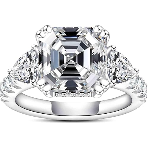 3ct-7ct Cubic Zirconia 3 Stones Engagement Rings 5A Grade Simulated Diamond Cushion Cut/Emerald Cut/Asscher Cut/Heart Cut CZ Anniversary Promise Wedding Rings for Women