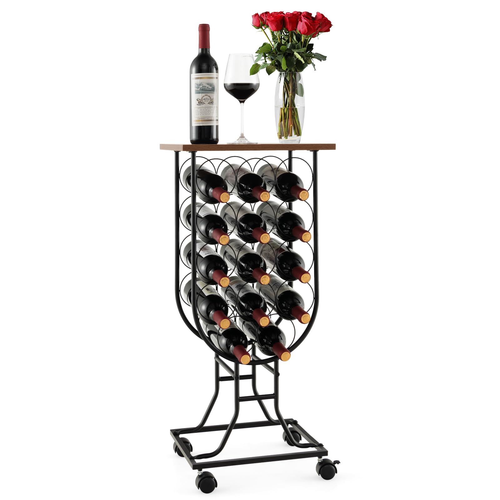 KOMFOTTEU Botellero para 14 Botellas con Ruedas, Soporte Móvil para Vino con Marco Metálico y Tabla de Madera, Organizador Exhibidor de Almacenamiento de Vino, para Comedor, Bar, Bodega, 39×30×76 cm