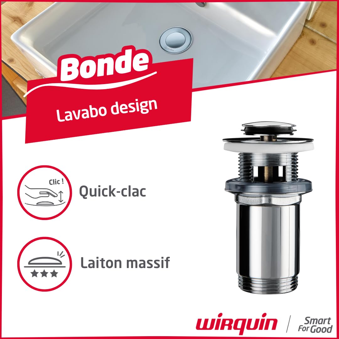 Wirquin 30723417 Bonde de lavabo laiton chromé avec système Quick-Clac avec corps de bonde
