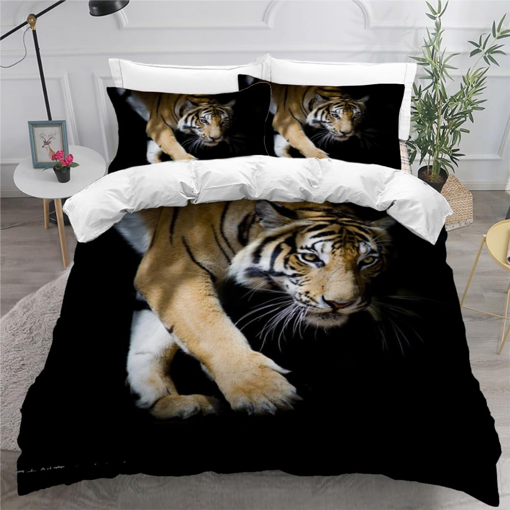 MEVASA King Bedding Set Tiger 3d Printed Girls Boys Adults Soft Microfiber Fluffy Breathable Kingsize Duvet Cover Set Animal Tiger Bedding King Size with 2 Pillow Cases /230x220