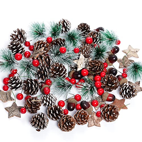 cnomg 108pcs Artificial Pine Cones Pine Branch Set Fake Natural Pinecones Acorns Red Berries Christmas Decor Ornaments for Home Winter Decorations (108 Multicolor)
