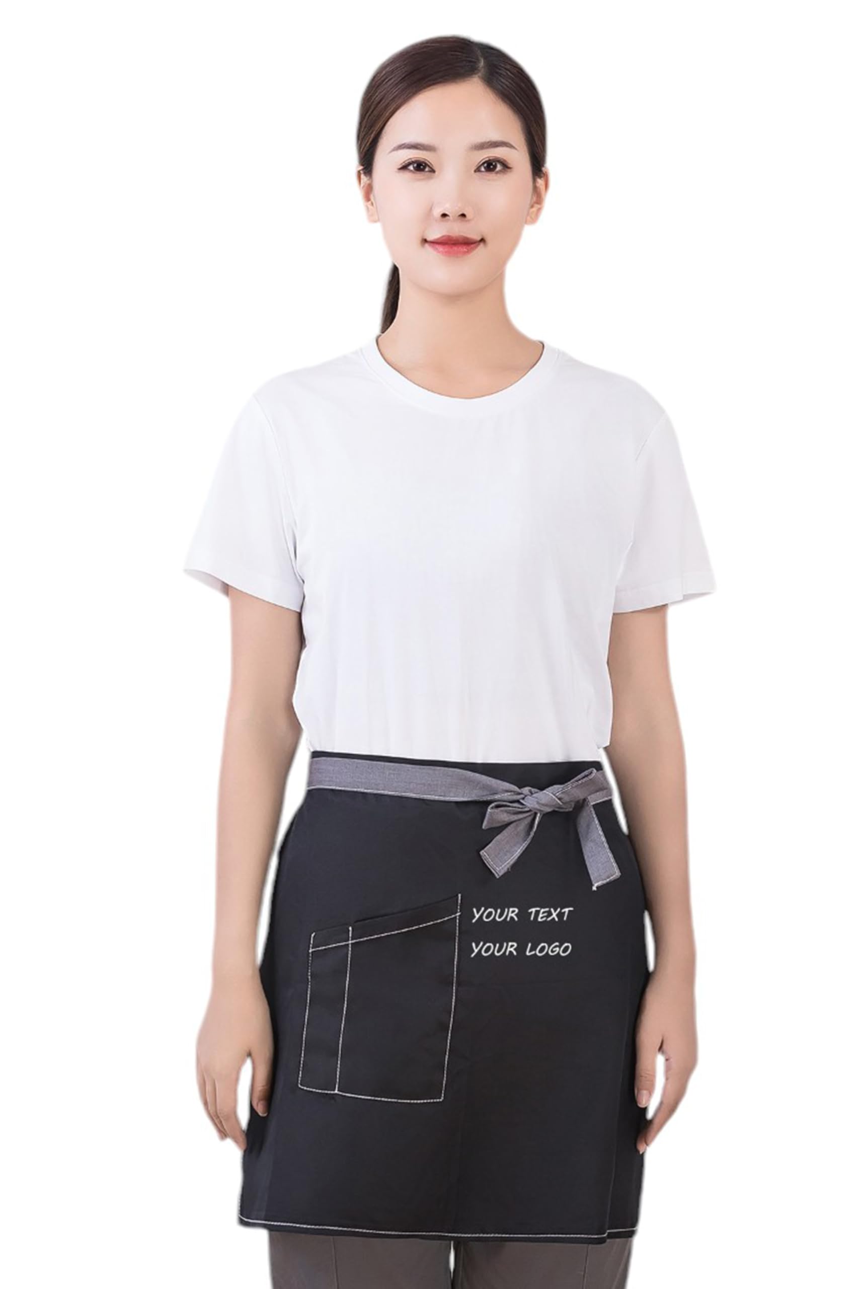 Grobte Unisex D_black Custom Waist Apron With Pocket Personalized Text & Name Customizable Waitress Waiter Server Chef Half Aprons For Men Women