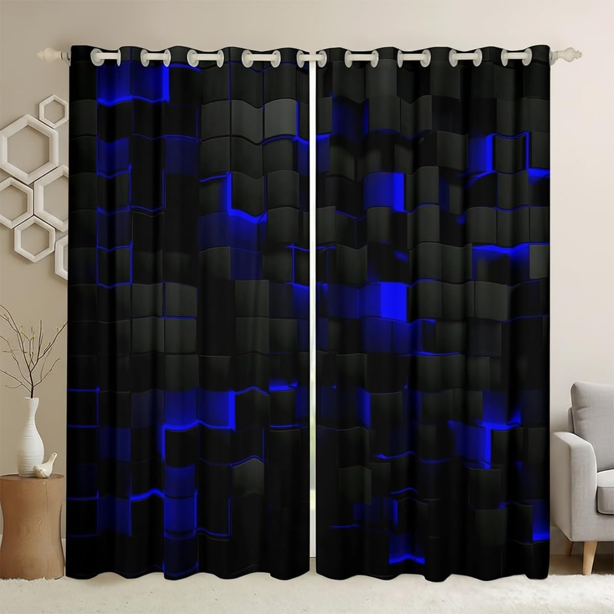 Homewish Lot de 2 rideaux géométriques néon abstraits - À carreaux - 137 x 117 cm (H x l) - Noir et bleu marine - Pour enfants, garçons et hommes - Plaid carré - 2 panneaux