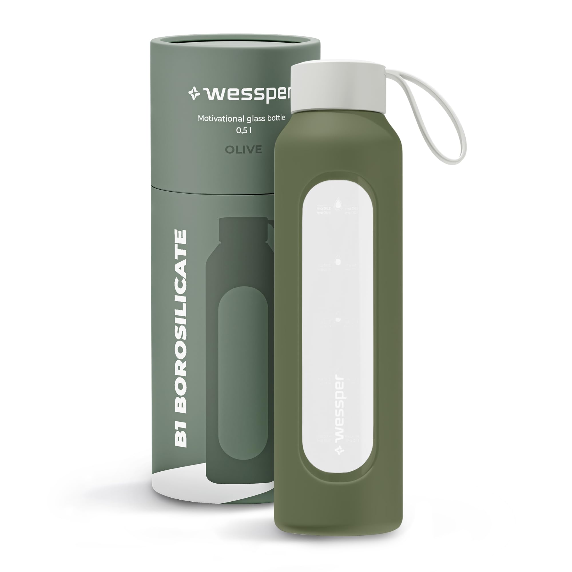 Wessper Glass Water Bottle 500ml with Silicone Sleeve, Borosilicate Glass, Time Marker, BPA-Free, Reusable Sports Bottle for Gym, School, Office – Olive
