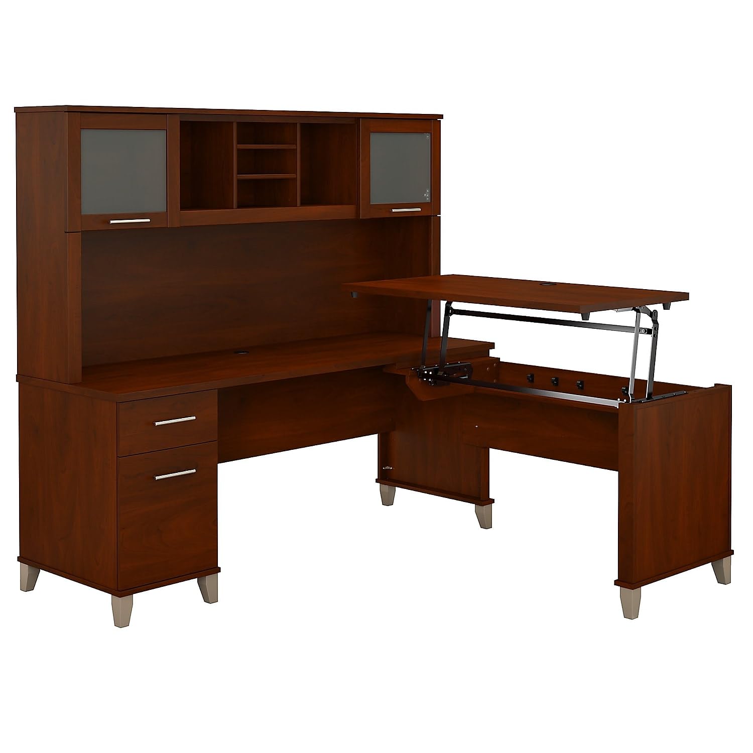 Somerset 72W 3 Position Sit to Stand L Shaped Desk with Hutch in Hansen Cherry | Adjustable Height Table for Home Office