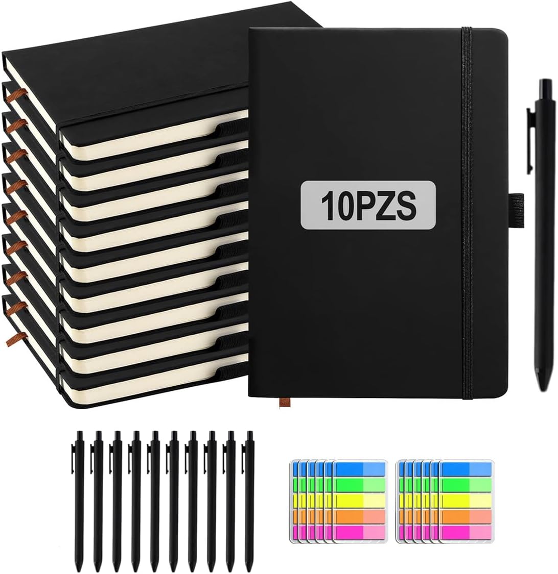 CHJODJOD 30-Piece Generic Hardcover Notebooks set: 10 A5 Journals, 10 Pens, 10 Notepads- Leather Wide Ruled Journals Bulk with Elastic Band for Work School Business Lined Journal Notebooks 5.8" x 8.3"