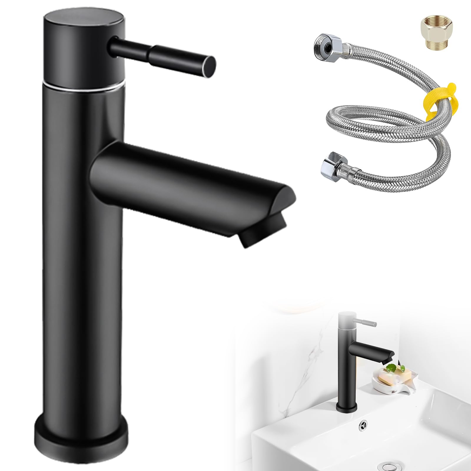 Robinet D'eau Froide Argenté, Robinet D'eau Froide Simple En Acier Inoxydable 304 Bec Droit Robinet De Lavabo Avec Tuyau De 80 Cm 98737196