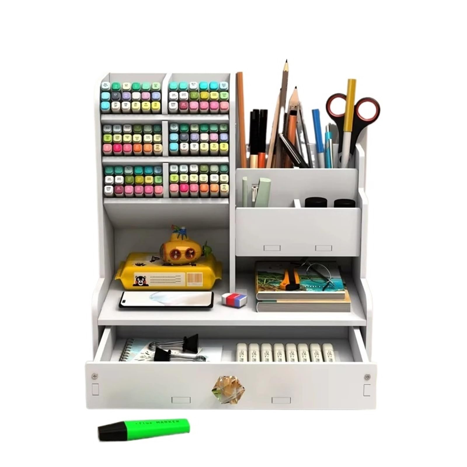 LXHZSY Desk Organiser Mark Pen Pencil Holder Wooden Desk Organizers Shelves Accessories Desktop Stationery Organizer Bookshelf Home Office Storage Box(White)