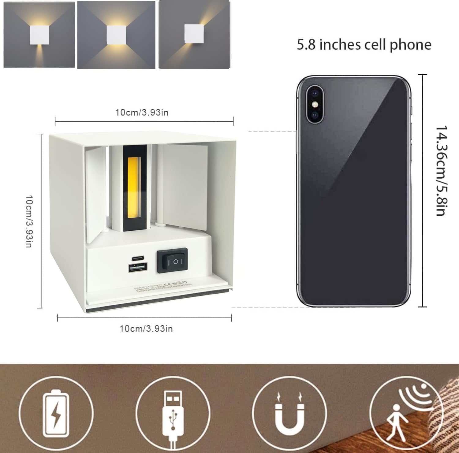2 Pezzi Lampada da Parete con Sensore di Movimento, USB Ricaricabile Lampada da Muro Senza Fili, Batteria 3600mAh, Applique da Parete Interno Magnetica Per Camera da Letto Corridoio Scale, Bianca