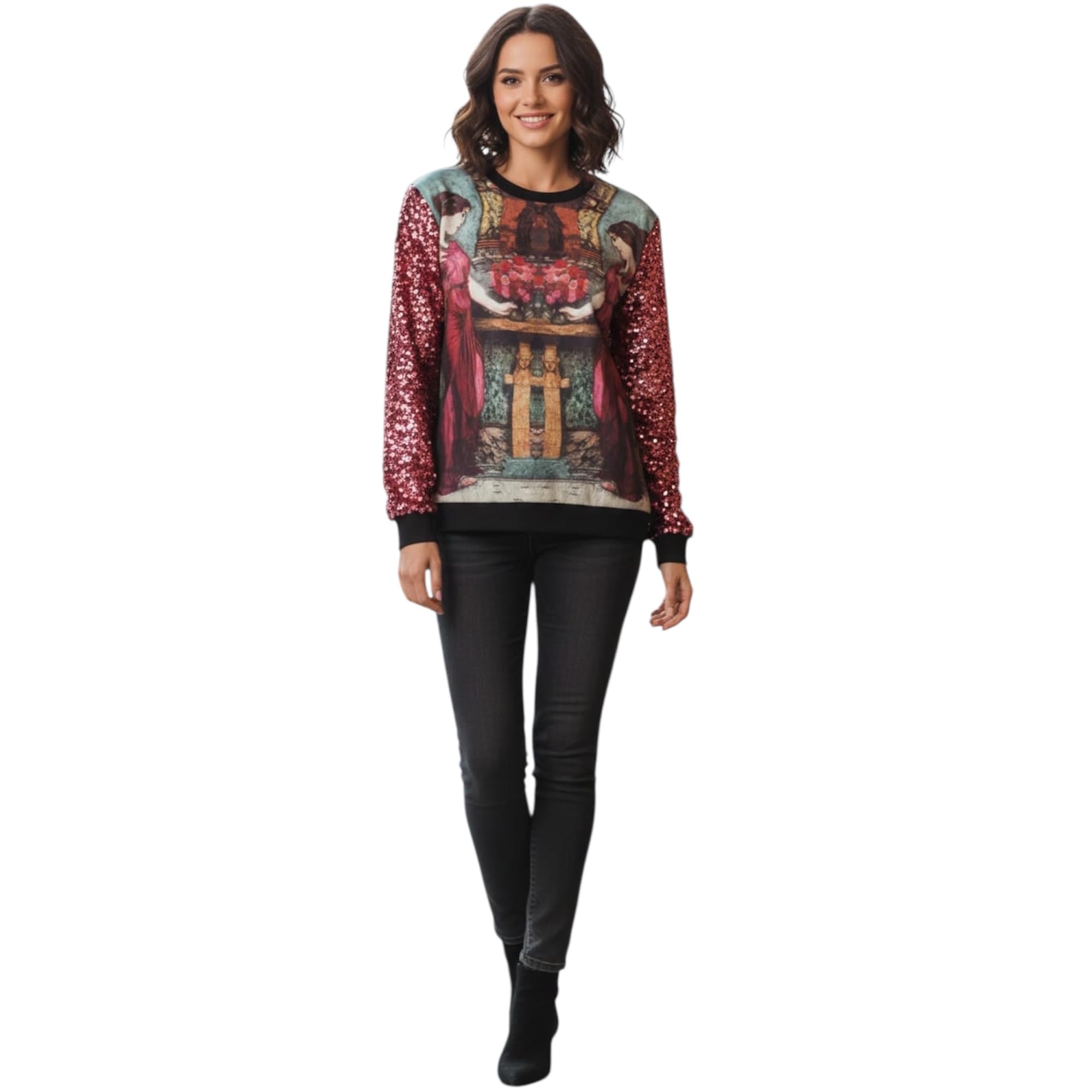 Womens Sweatshirt Premium Single Piece Multicolor Printed Sweatshirt with Sequin Sleeves Boutique Crafted Casual Wear One of One Exclusive Limited Availability-image-38