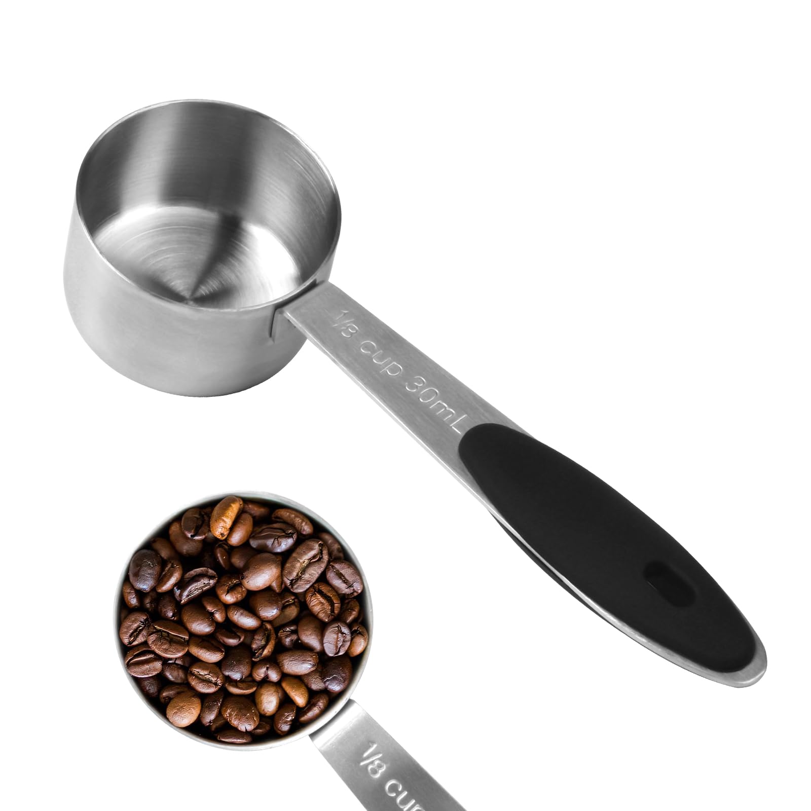 pretwad Stainless Steel 1/8 Cup Measuring Cup, 2 pcs, Silver, with Black Silicone Handle, Wide Applicable in Kitchen, Coffee Shop, Bar etc.