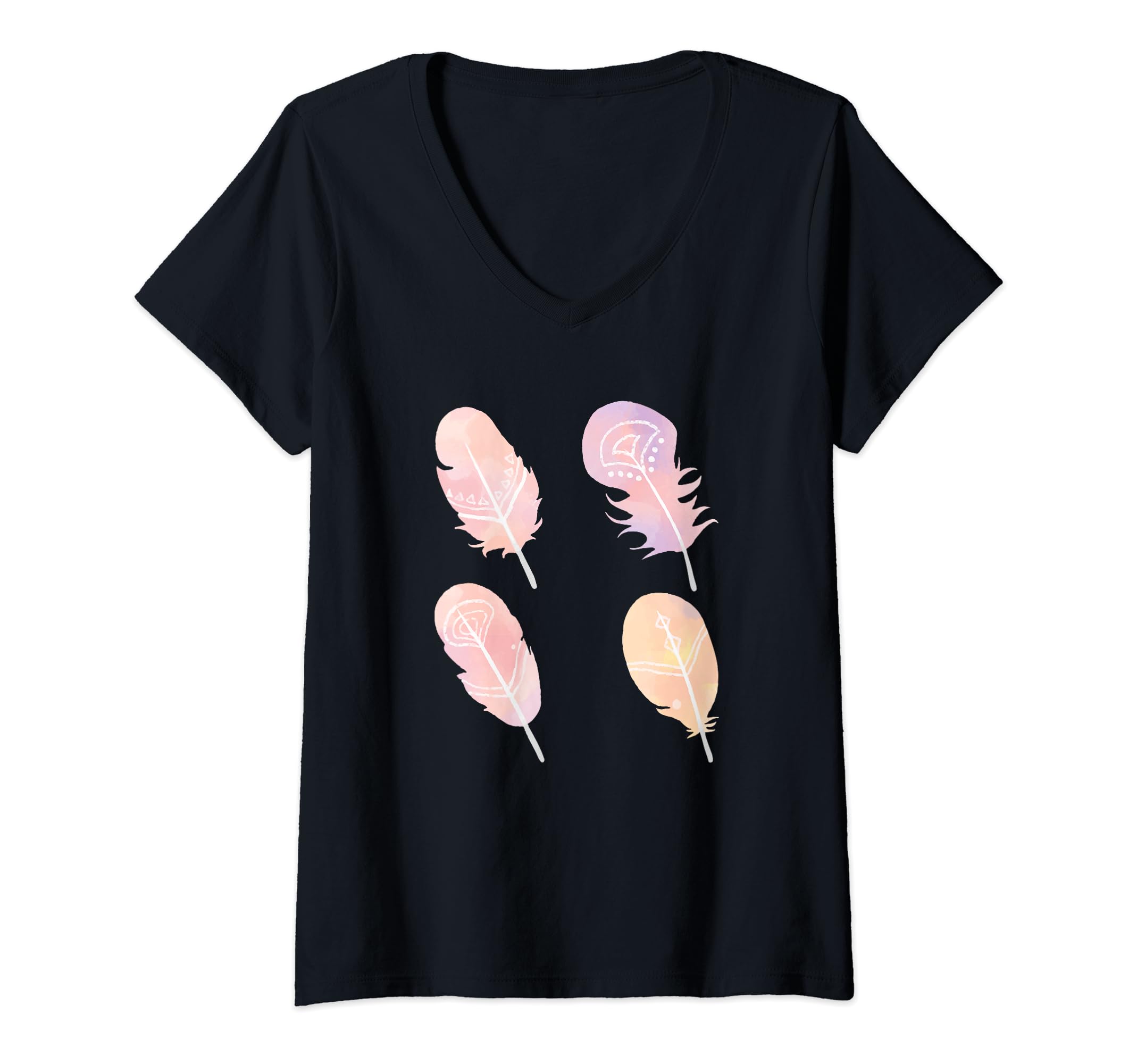 Pink Peach Watercolor Native American Tribal Feather V-Neck T-Shirt