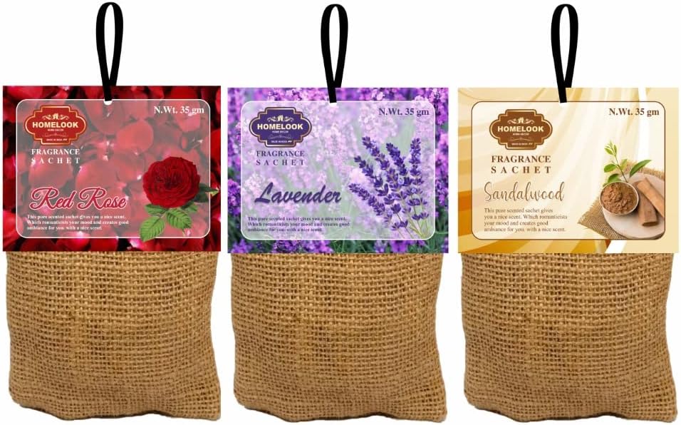 Fragrance Sachet jute bag set of 3 - Lavender, Sandalwood, Rose Fragrance Bag Usage :- Bathroom, Office,Home, Wardrobe etc. Each bag is 40 grams.natural color scented natural bags sachet air freshener
