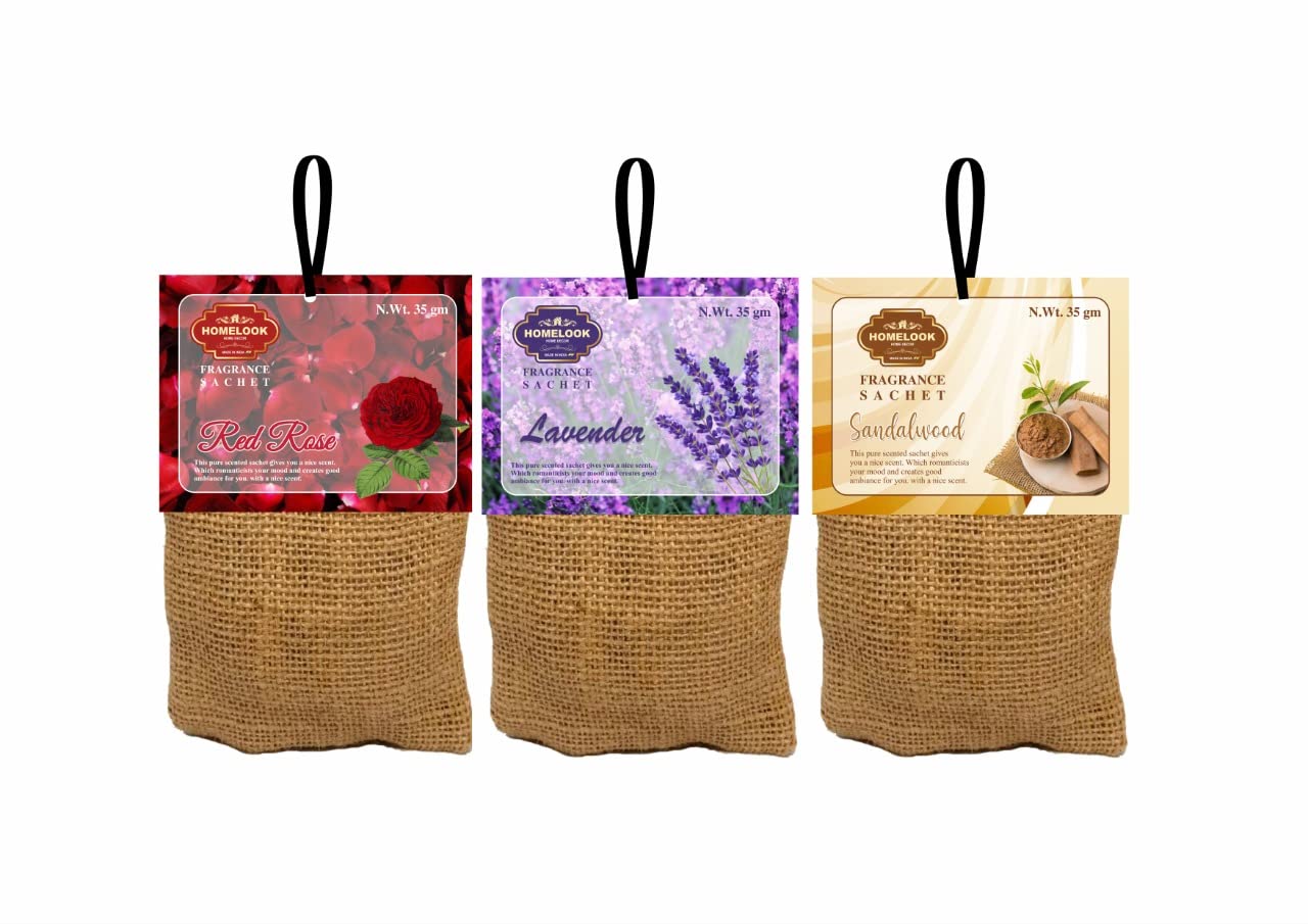 Fragrance Sachet jute bag set of 3 - Lavender, Sandalwood, Rose Fragrance Bag Usage :- Bathroom, Office,Home, Wardrobe etc. Each bag is 40 grams.natural color scented natural bags sachet air freshener