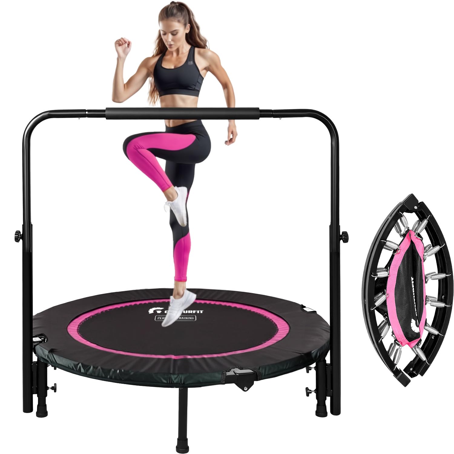 RACK & PACK Trampolin Fitness con Barra para Ejercicio Adultos Aerobics Estructura Plegable Brincolin Aerobico Profesional 40 Pulgadas 102 Cm Mango Ajustable Soporta 120kg - Rosa