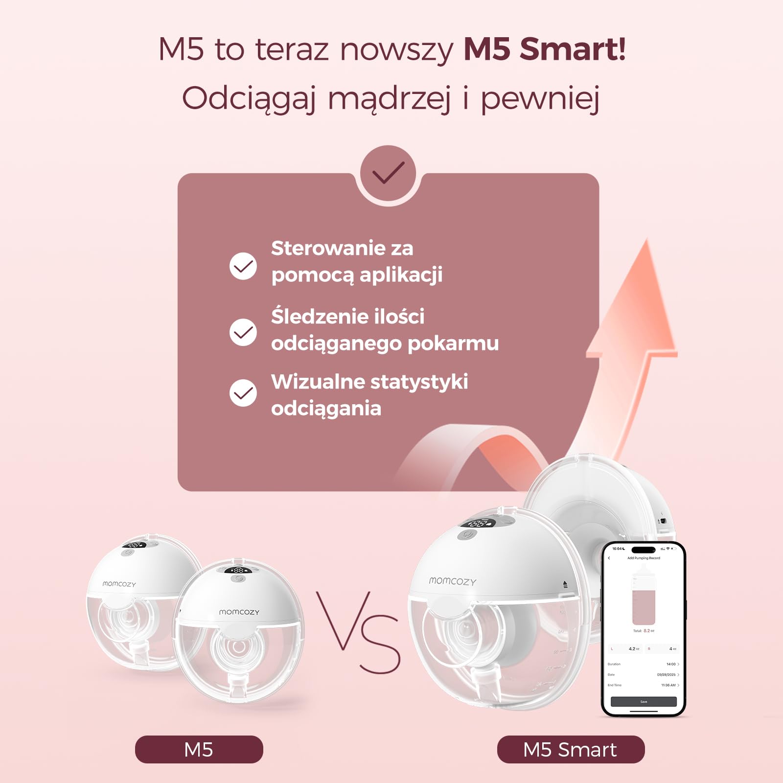 Momcozy M5 Smart Elektryczna Laktacja Bezprzewodowa, Sterowana Aplikacją, 3 Tryby 9 Poziomów SSania, 24 mm Końcówka (Szary, 1 szt.)