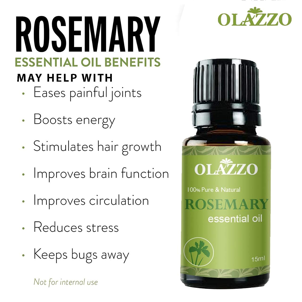 Olazzo Rosemary Essential Oil 15ml – Pure & Natural Aromatic Oil for Hair, Skin, Scalp, Diffuser & Refreshing Aroma – Ideal for DIY Blends, Massage, and Home Fragrance