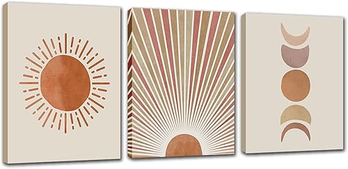 Arte de pared bohemio con diseño de sol Cuadros de lienzo de fase lunar de mediados de siglo para decoración del hogar, arte abstracto enmarcado