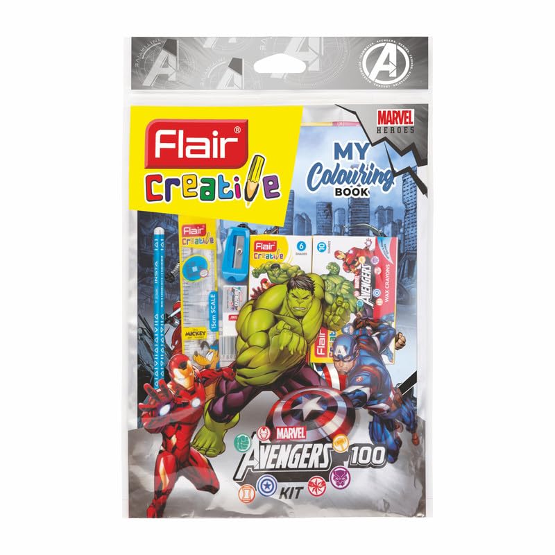 Flair Creative Series Marvel Avengers Stationery Kit | Combination of 34 Assorted Items | Smart Kit for Your Creative Need & Fun Learning | Ideal Gift Set for Kids | Pack of 1