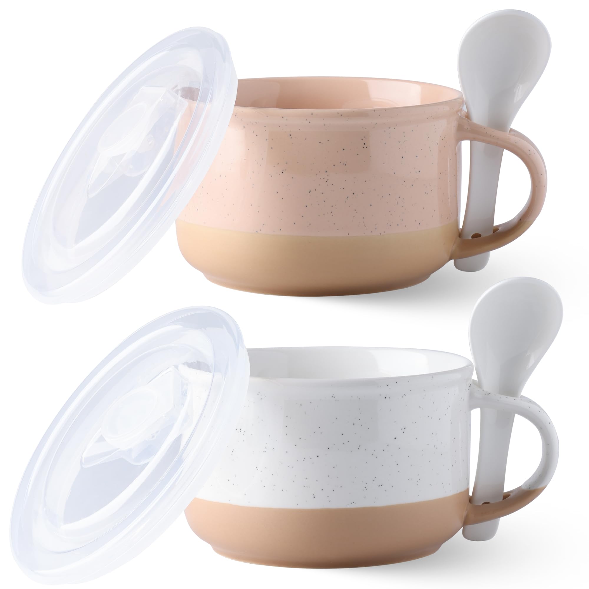 GBhome Ceramic Soup Mugs with Handles and Lids,24 OZ Soup Cups Set of 2 with Terracotta Underside,Mug Bowls with Spoon for Soup/Cereal/Salad/Noodles/Ramen/Microware &Dishwasher Safe-White &Peach