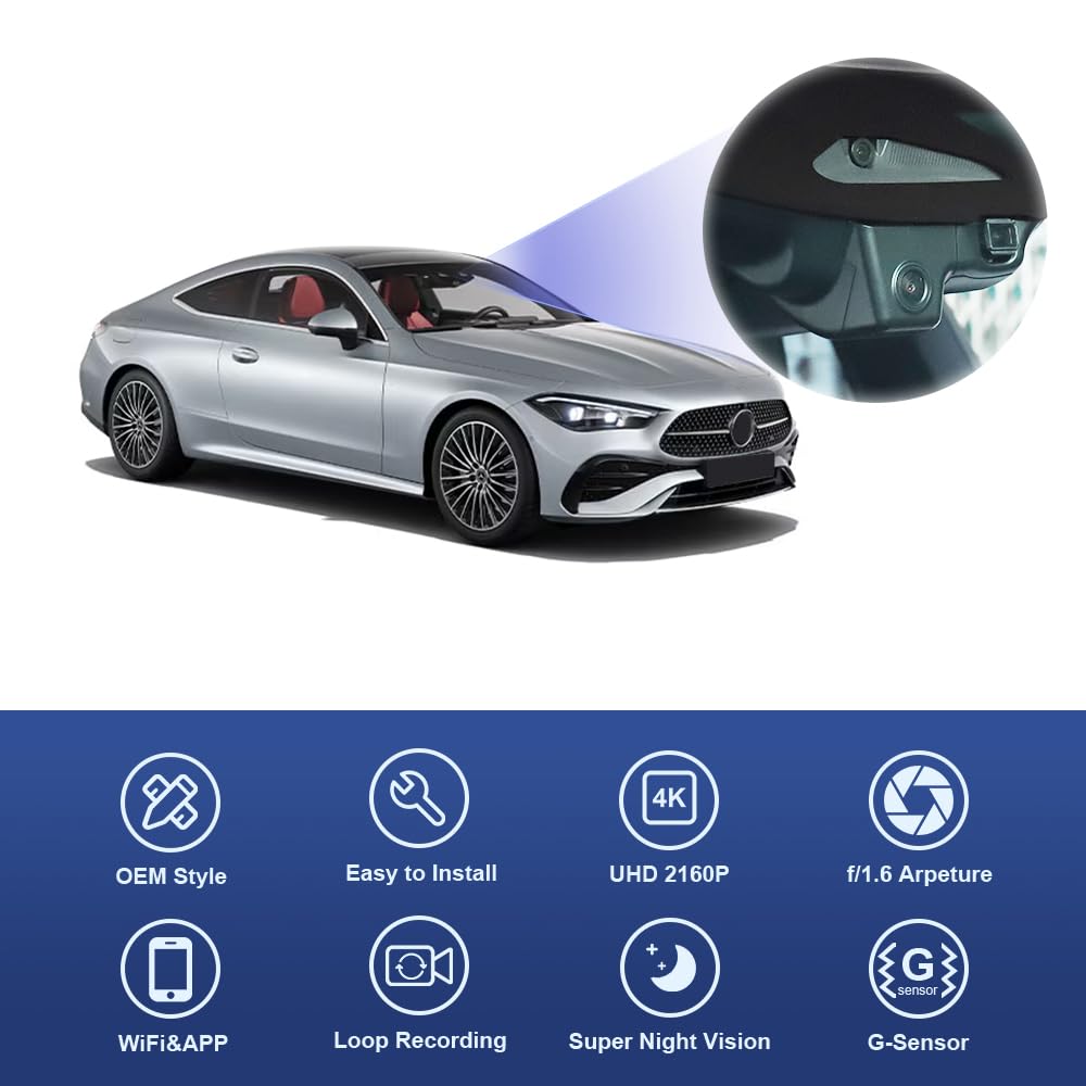 Fitcamx Dashcam Compatible avec Mercedes-Benz CLE 2023-2026 CLE300 CLE450 4MATIC CoupeC236(Sedan 6329), OEM Caméra de Voiture 4K 2160P Video WiFi, G-Senseur, Enregistrement en Boucle, WDR, Carte 64 Go