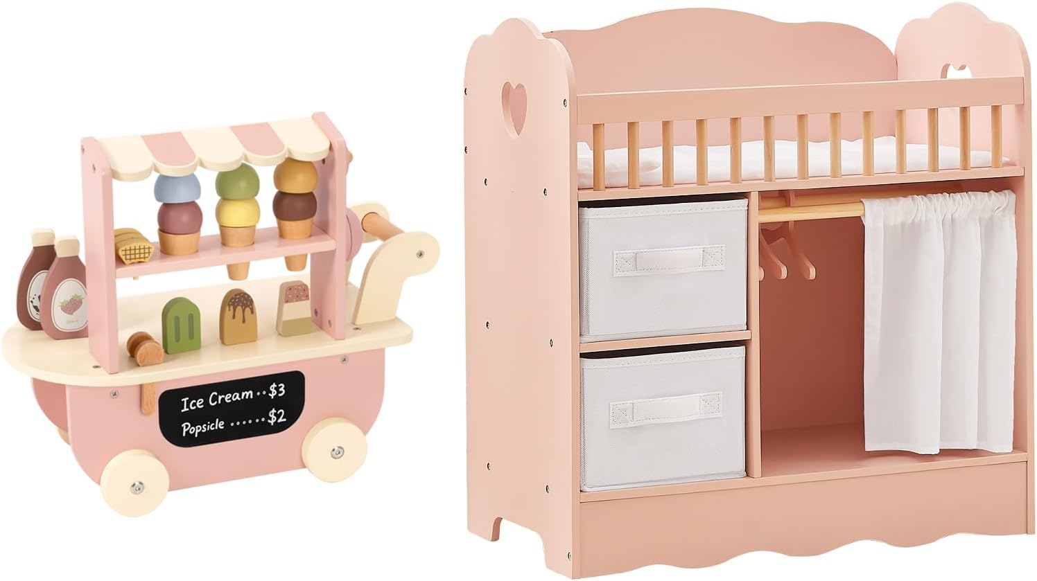 Baby Doll Crib with Two Storage Box, Bedding and Coat Hangers, Ice Cream Truck Toy with Scooper & Wheels
