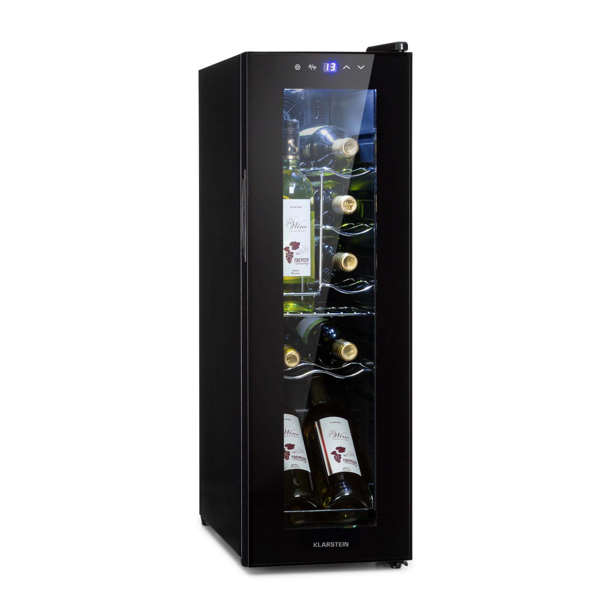 KLARSTEIN Shiraz Wine Cooler Black – 12 Bottles, 32 L, 1 Zone | Freestanding Wine Fridge with Glass Door, Quiet, 5–18 °C, LED, Stainless Steel Frame