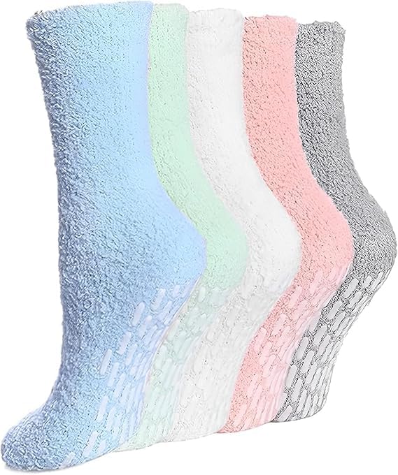 LOLANIUT 5 Piezas calcetines antideslizantes para Mujer, calcetines antideslizantes mujer, Cálidos para Cama para Mujer, Antideslizantes para Dormir para Invierno, Calcetines de Yoga, Talla 37-44