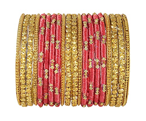 Image of NMII Watermelon Color Silk Thread & Glass Bangles Set For Girls & Women (Watermelon,2.2)