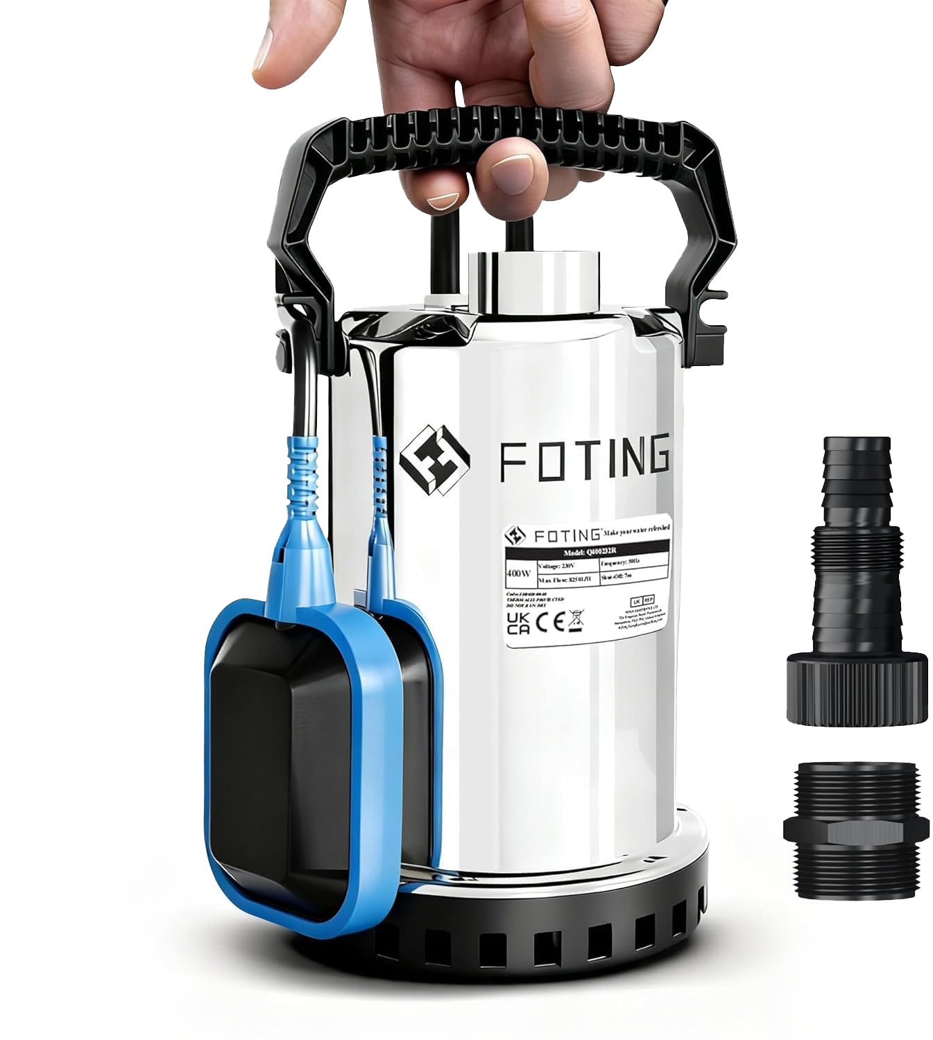 FOTING 400W Stainless Steel Submersible Water Pump for Dirty/Clean Water, 8250 L/H Electric Sump Pump with Float Switch, Portable Water Pump to Empty Pool, Drainage Pump for Pools, Hot Tub, Ditches