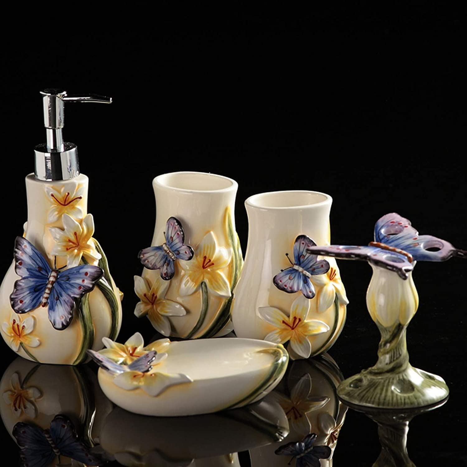 Badezimmer Set Dreidimensionales Relief-Badezimmer-Accessoires-Set 5-teiliges Keramik-Badezubehör-Schmetterlingsmuster-Set Dekoration Organizer