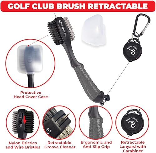 Miniatura 2 de Cepillo retráctil para palos de golf  Cepillo doble de gran tamaño, agarre ergonómico, limpiador de ranuras retráctil y cordón