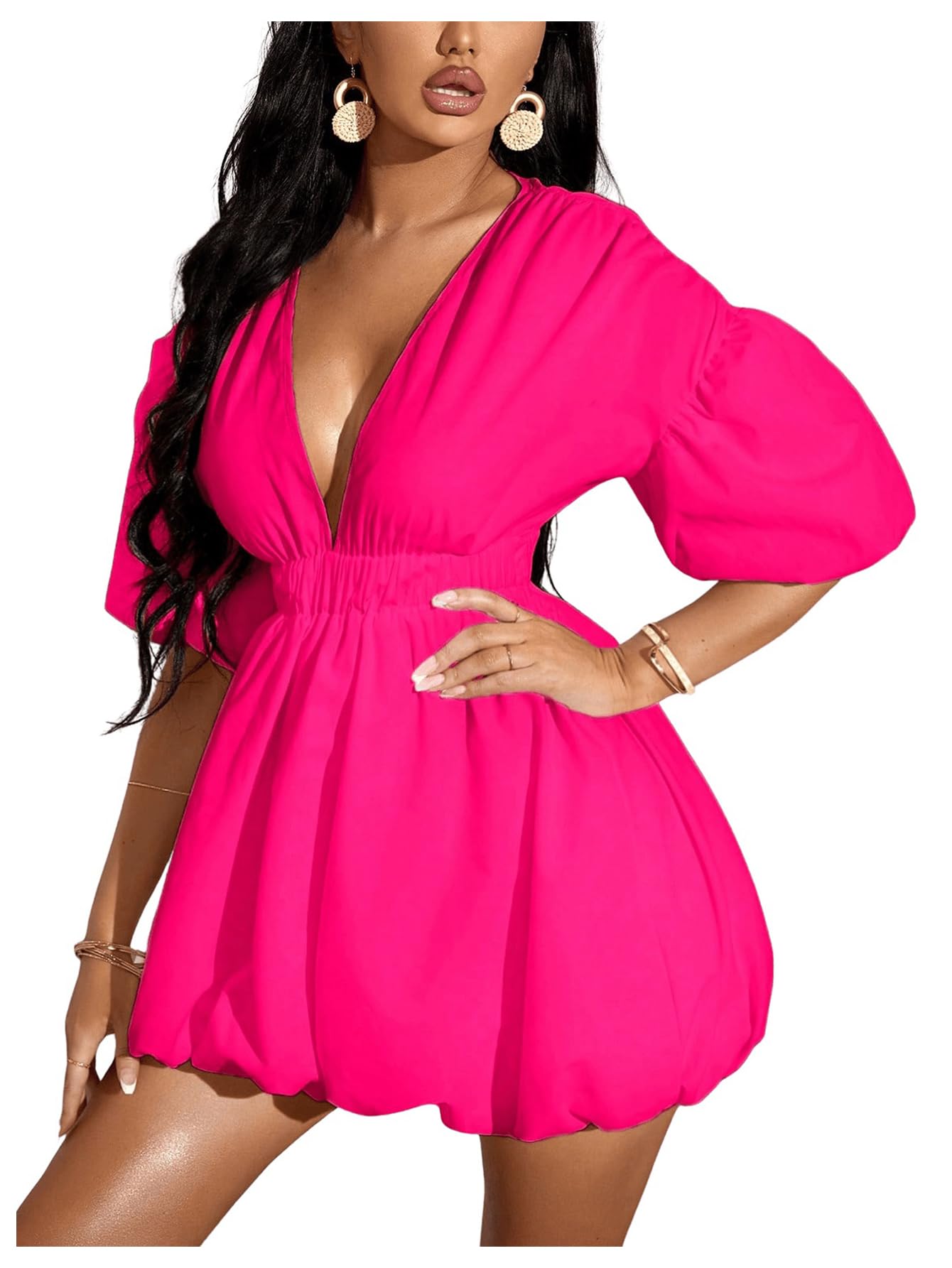 WDIRARA Women's Deep V Neck Puff Sleeve High Rise Flare Dress Elastic Waist Dress