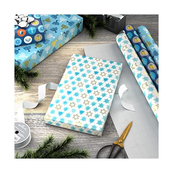   Hallmark-Tree-of-Life-Hanukkah-Wrapping-Paper-with-Cutlines-on-Reverse-3-Rolls-120-Sq-Ft-Total-Blue-and-Gold-Star-of-David-Menorahs-Candles-Dreidels