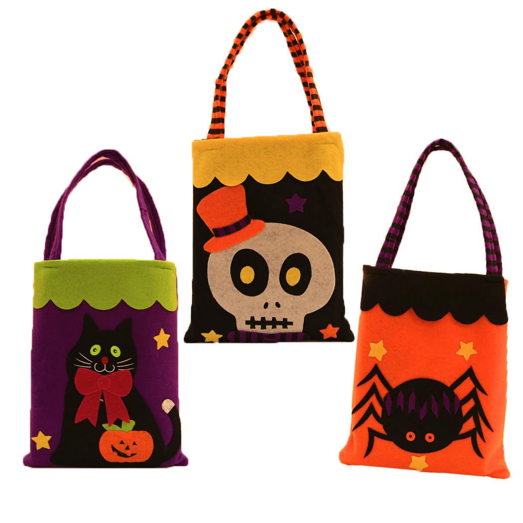 Gangel Halloween Treat Bags Halloween Candy Bags with Handles for Gifts Wrapping Monster Cat Ghost Bag for Teens (Pack of 3)