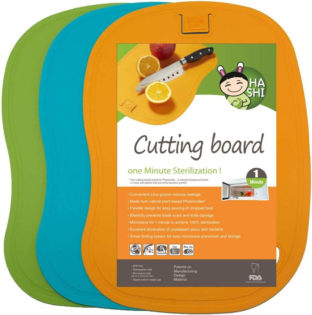Antibacterial Cutting Board Set - 100% 1 Minute Microwave Antibacterial Sterilization - Flexible & Dishwasher Safe Chopping Mats - Set of 3 - by Hashi
