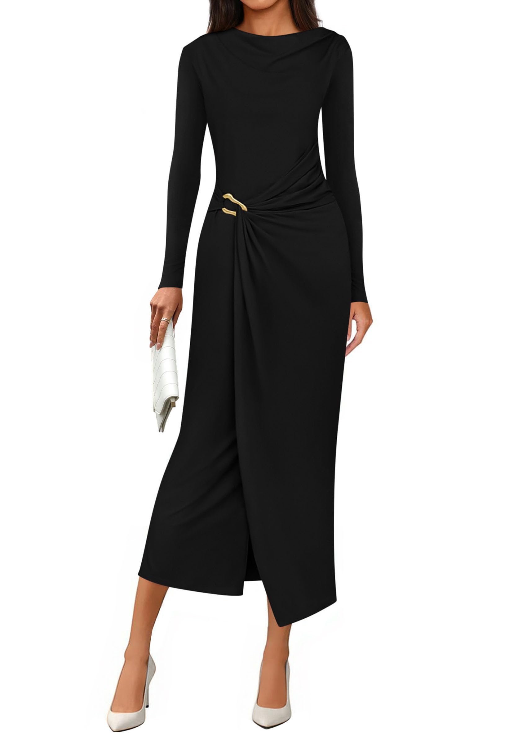 PRETTYGARDEN Womens Fall Wedding Guest Cocktail Midi Dresses Elegant Long Sleeve Bodycon Ruched Dress 2026 Fashion Clothing