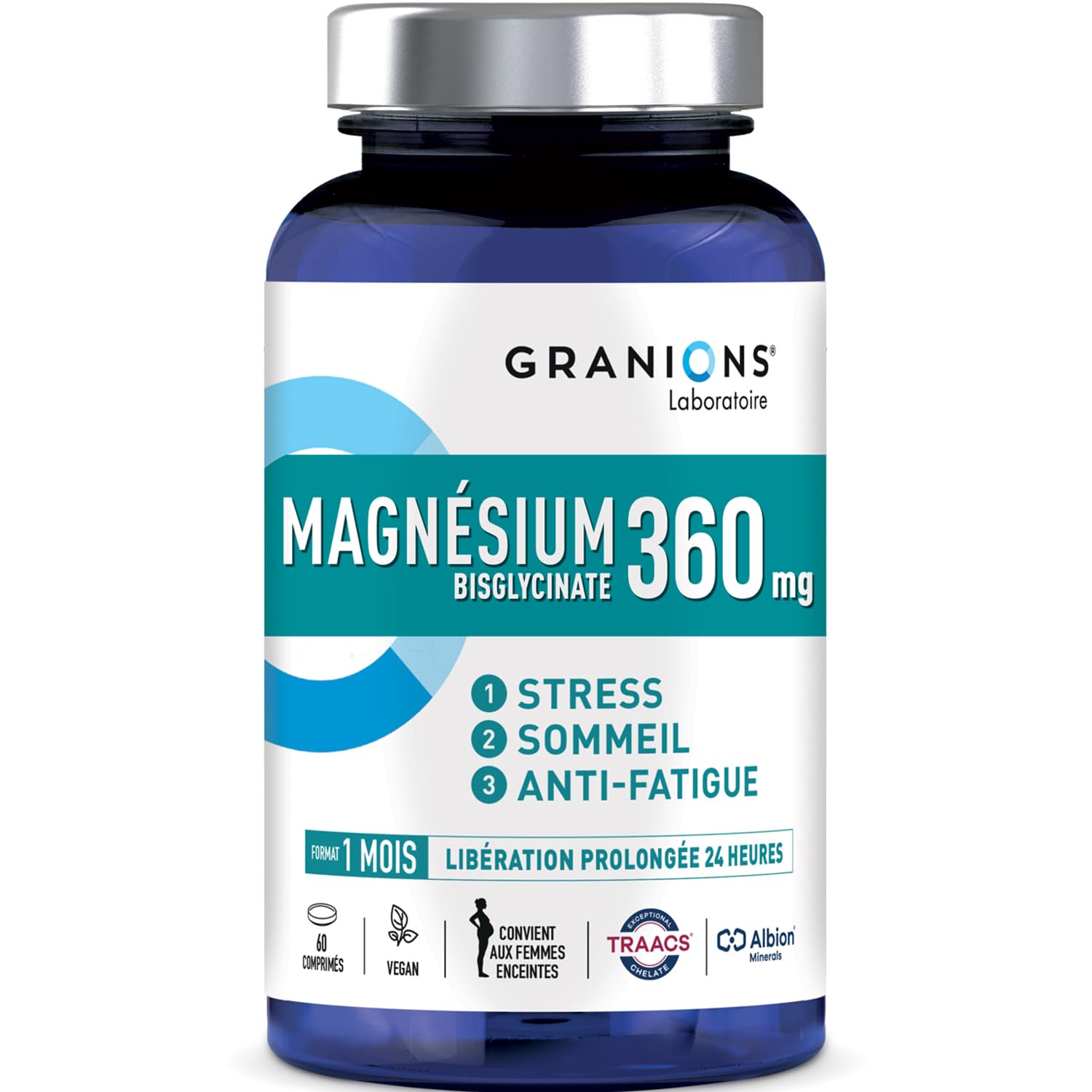 MAGNESIUM BISGLYCINATE 360 MG GRANIONS | Magnesium Fort Dosage + Vitamine B6 - Anti Stress Adulte - Magnesium Bisglycinate 360 MG - Stress Fatigue - Magnesium 60 Comprimés