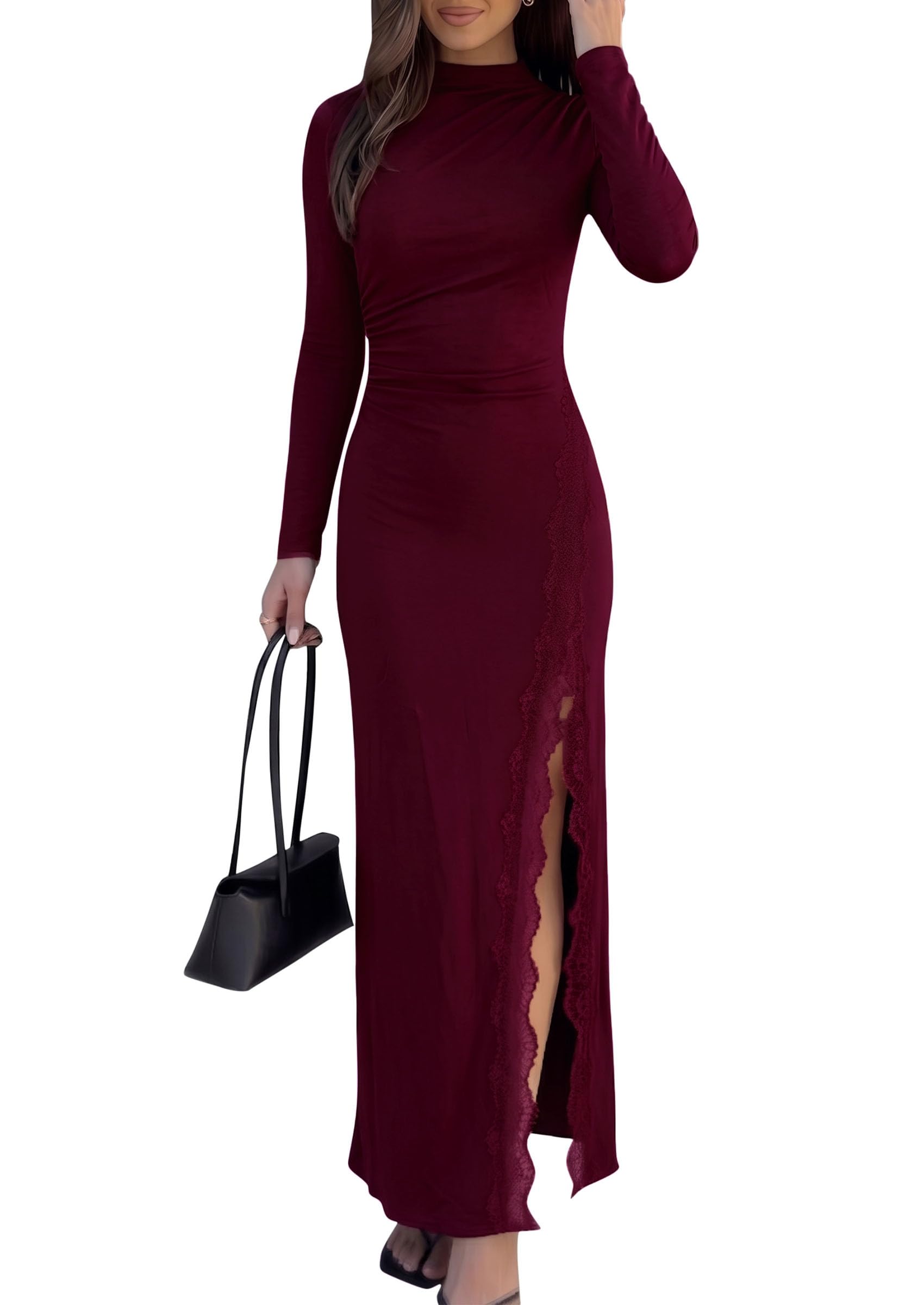 PRETTYGARDEN Women's Long Sleeve Wedding Guest Dress Fall Ruched Maxi Dress | High Slit Lace Trim Dressy Casual Semi Formal Winter Dresses for Cocktail, Holiday Party, Dinner & Concert