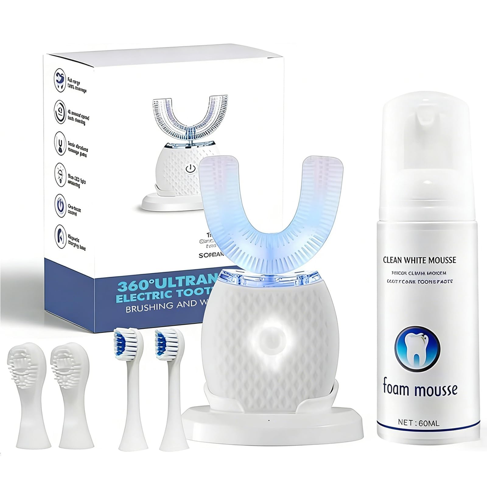 360° Ultrasonic U-Shaped Electric Toothbrush – Hands-Free Auto Cleaning with Foam Mousse, 4 Brush Heads, LED Light & Charging Base for Adults (White)