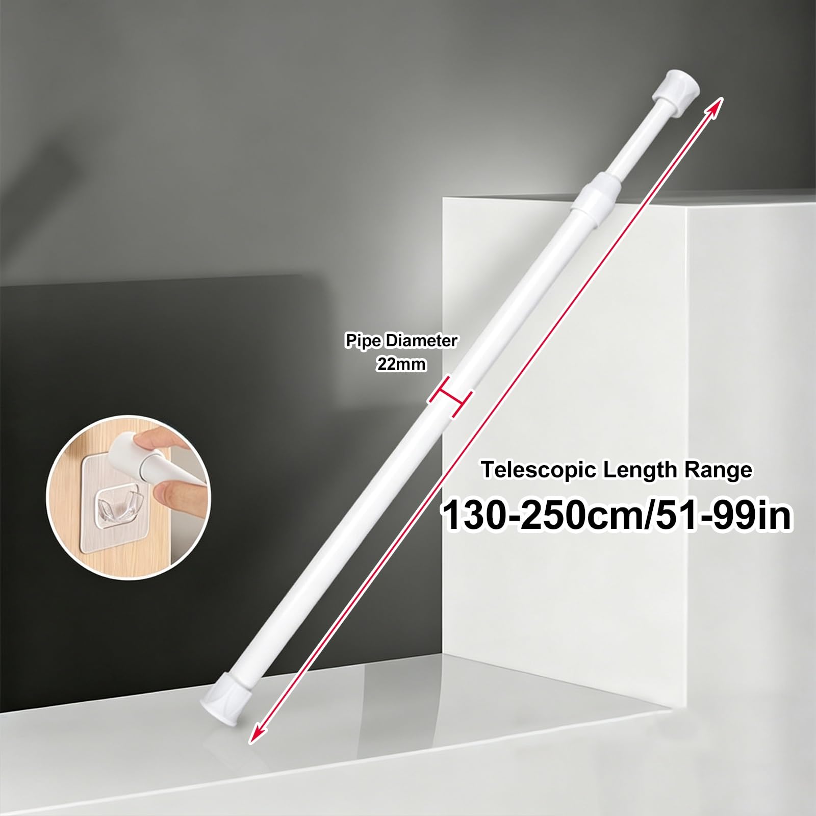 Barra Ducha Extensible de Alta Resistencia, Ajustable de 40 a 290 cm | Barra Cortina Ducha Extensible Blanca con Resorte. No Requiere Taladro Para Puertas, Armarios(130-250cm/51-99in)