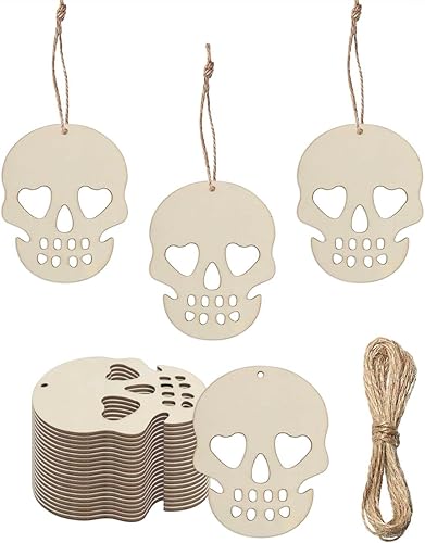 30 piezas de mini calaveras de madera para manualidades, recortes de 2 pulgadas, en forma de calavera de madera en blanco con cordeles de yute para