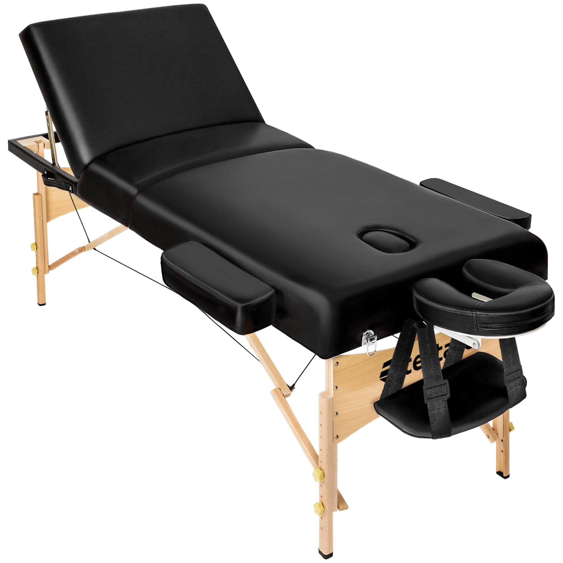 tectake® Camilla Masaje Plegable de Madera, Camilla Profesional para Fisioterapia, Quiromasaje, Tatoos, Reiki, con Taburete, Cojines y Bolsa Transporte - Negro