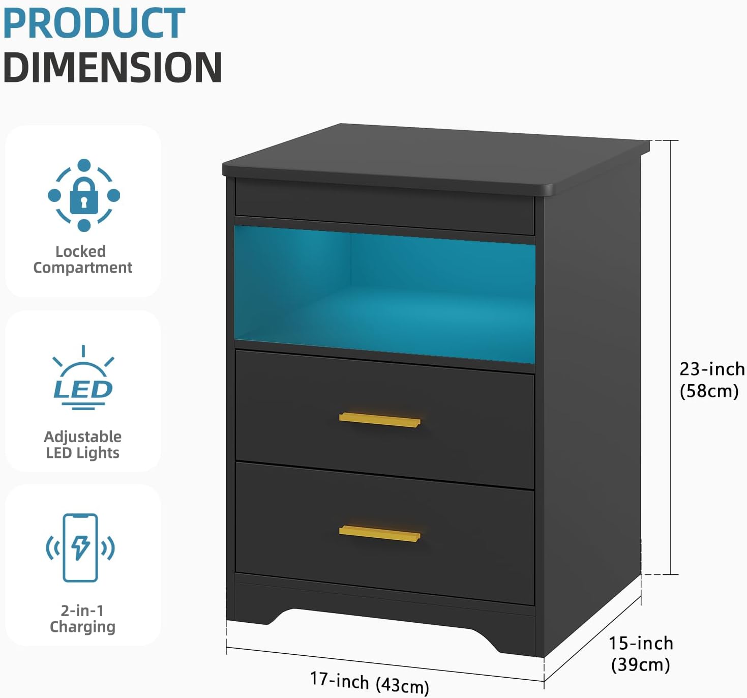 LED Night Stand with Gun Drawer for Bedroom, Charging Bedside Table with USB & Type-C Port, Modern End Table with Human Sensor Light -Black