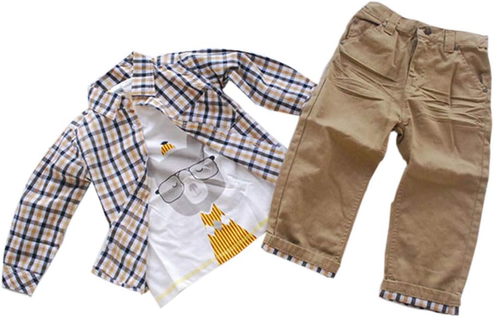 gguddggudd Jungen Plaid Tops und Koala Gedruckt Shirt und Hosen Casual 3 Stck Bekleidungssets