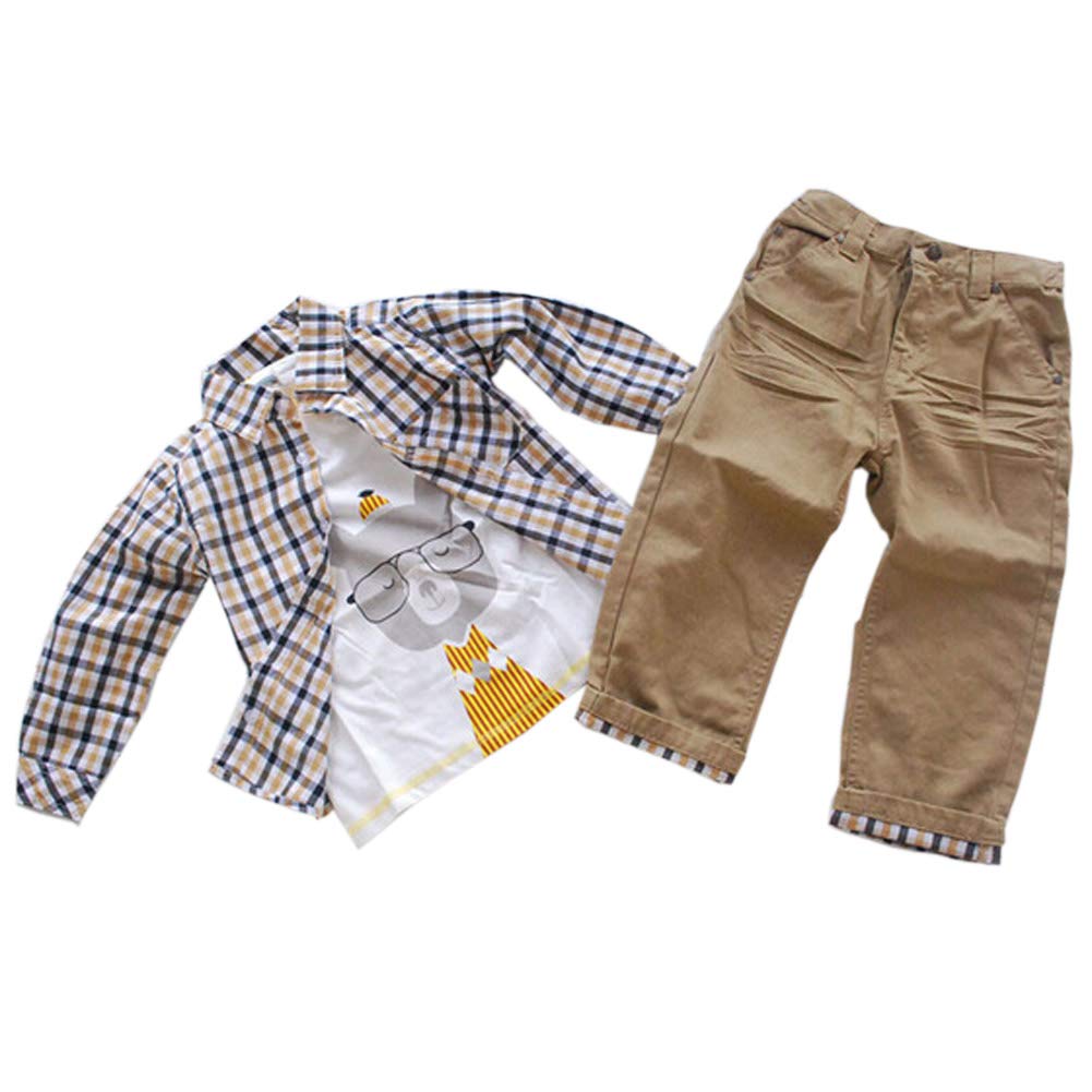 gguddggudd Jungen Plaid Tops und Koala Gedruckt Shirt und Hosen Casual 3 Stck Bekleidungssets