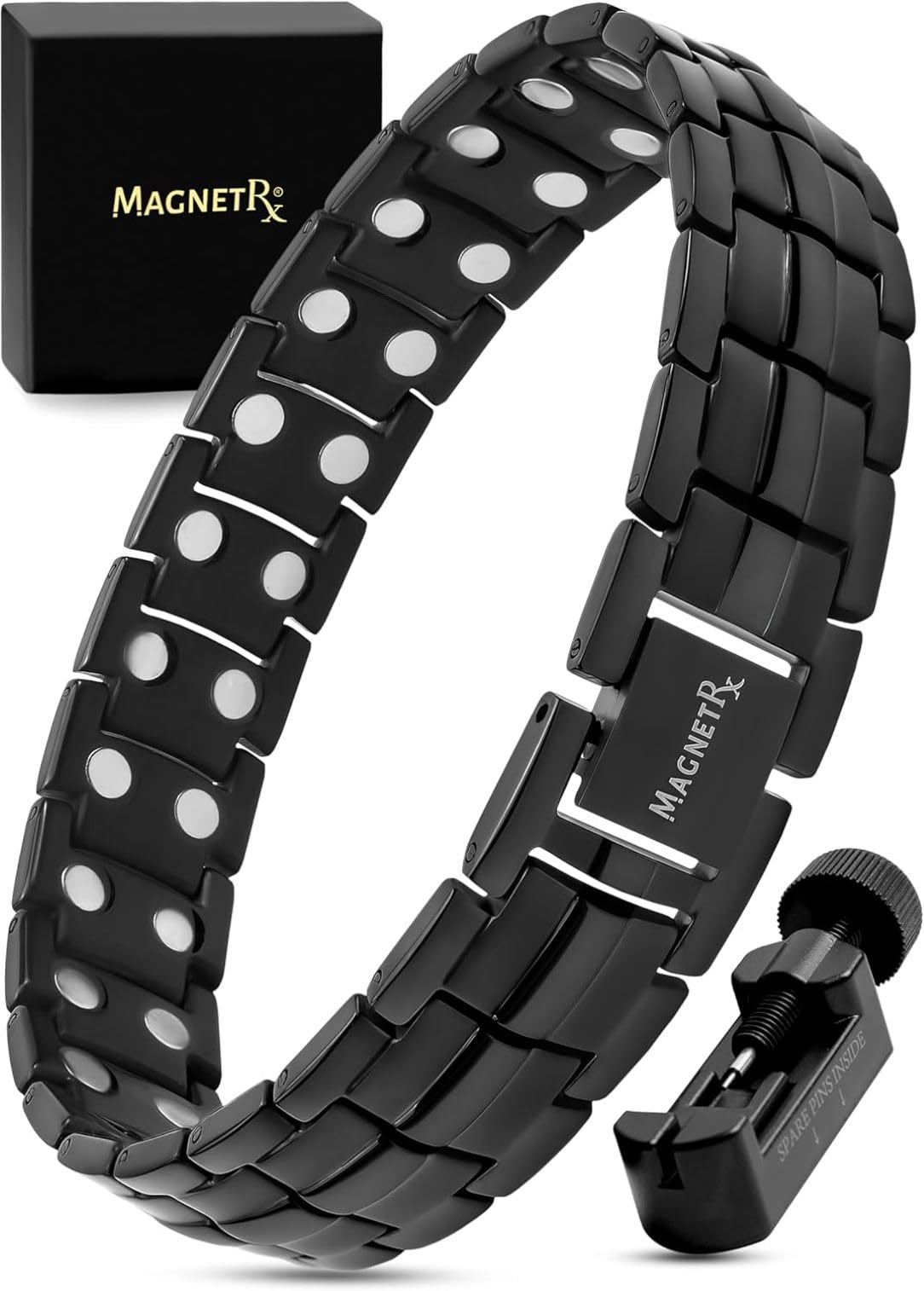 MagnetRX® Bracelet Pour Homme - 48 Aimants Puissant (3500 GAUSS Par Aimant) BijouAimanté Acier Inoxydable Ultra-Résistant - Longueur Réglable Avec Outil De Dimensionnement (Noir)