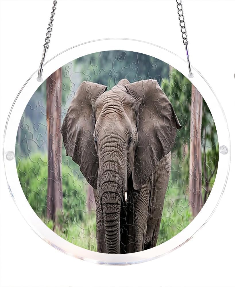 Elephant Wildlife Acrylic Jigsaw Puzzles Suncatcher, 7.4 Inch Window Hanging Suncatcher Acrylic Puzzle, DIY Home Decor Art Gift