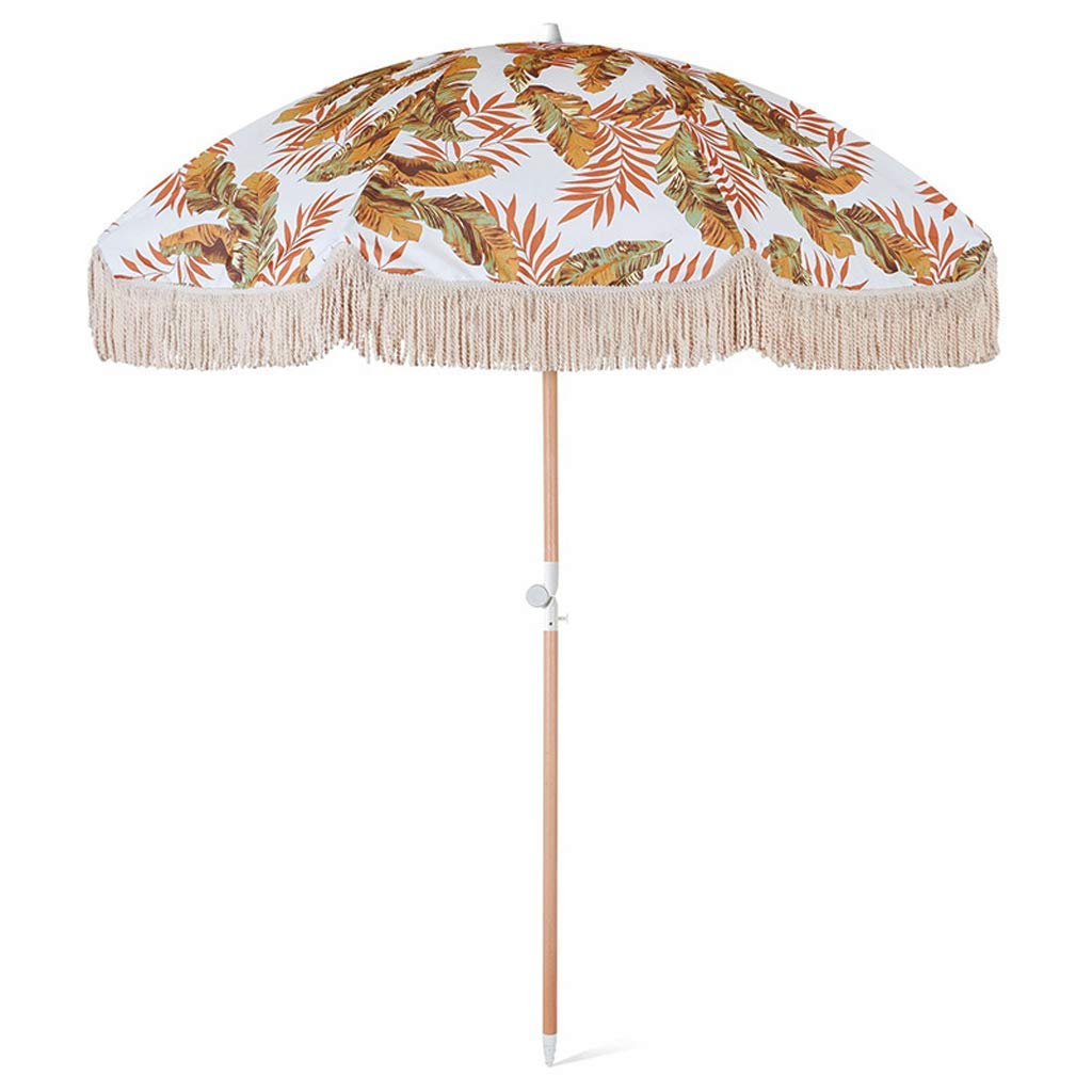 KIRLULU Sombrilla redonda de 2m, sombrilla pequeña para exteriores, sombrillas de madera con borlas para Patio y playa con función de inclinación, resistente al agua y protección